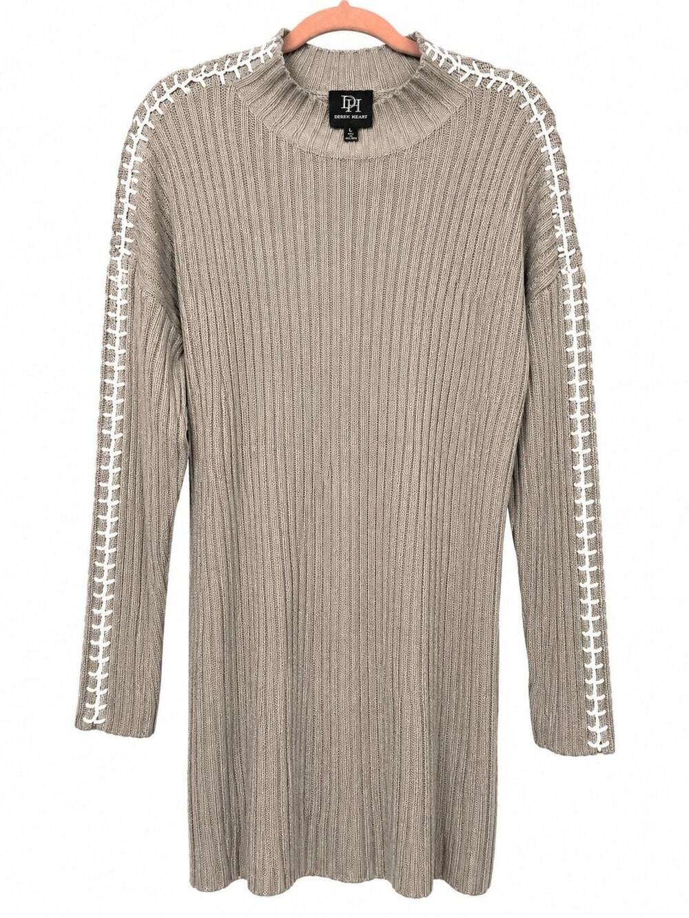 Derek Heart Gray Ribbed Mock Neck Sweater Women's Large Whipstitch Knit Tunic